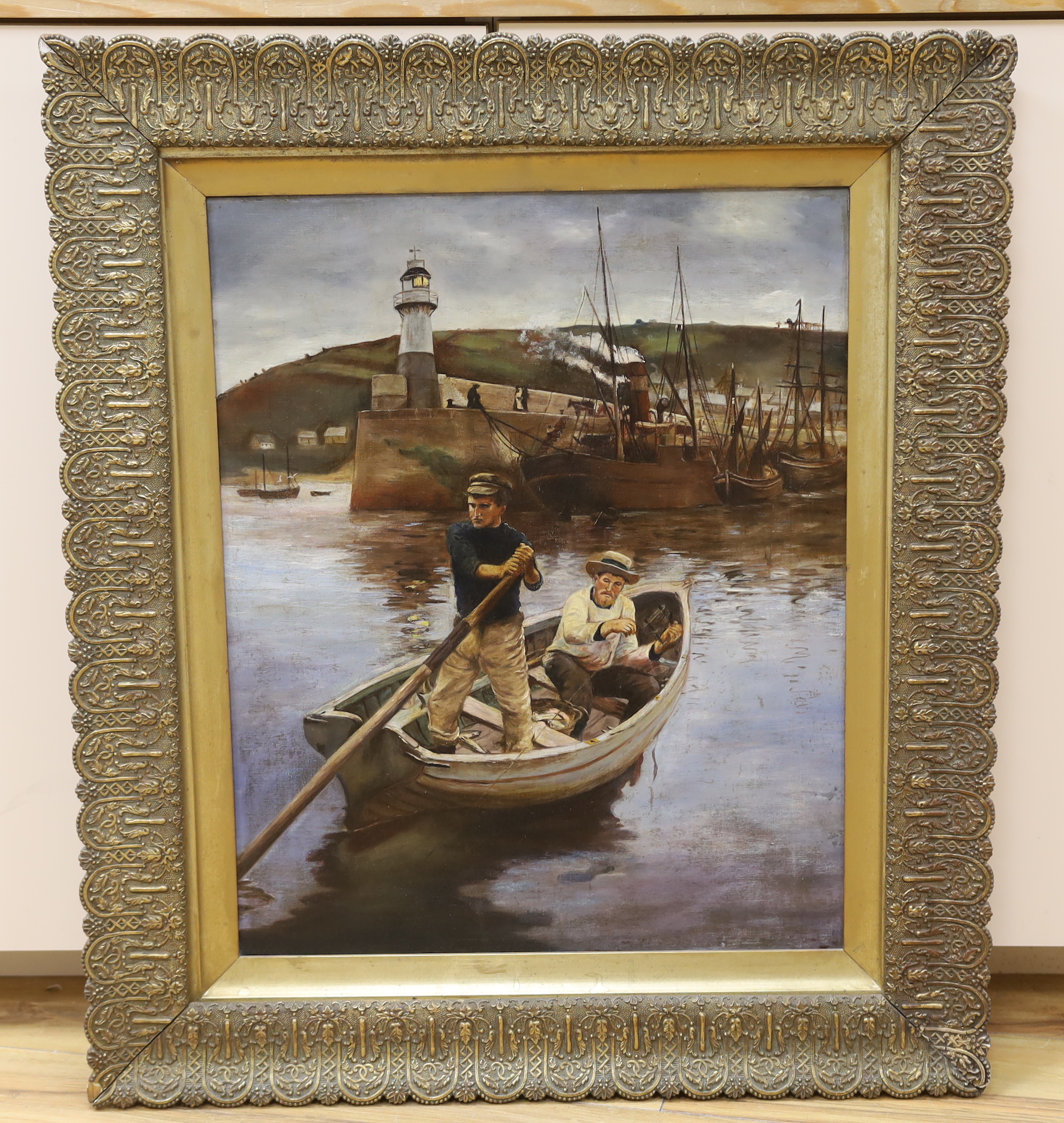 After Elizabeth Adela Stanhope-Forbes (British, 1859-1912), oil on canvas, ’Two fishermen in a boat’, 52 x 42cm